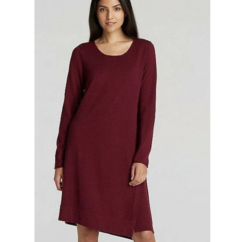 Eileen Fisher Petite Maroon 100% Merino Wool Asymmetrical Long‎ Sleeve Dress PS